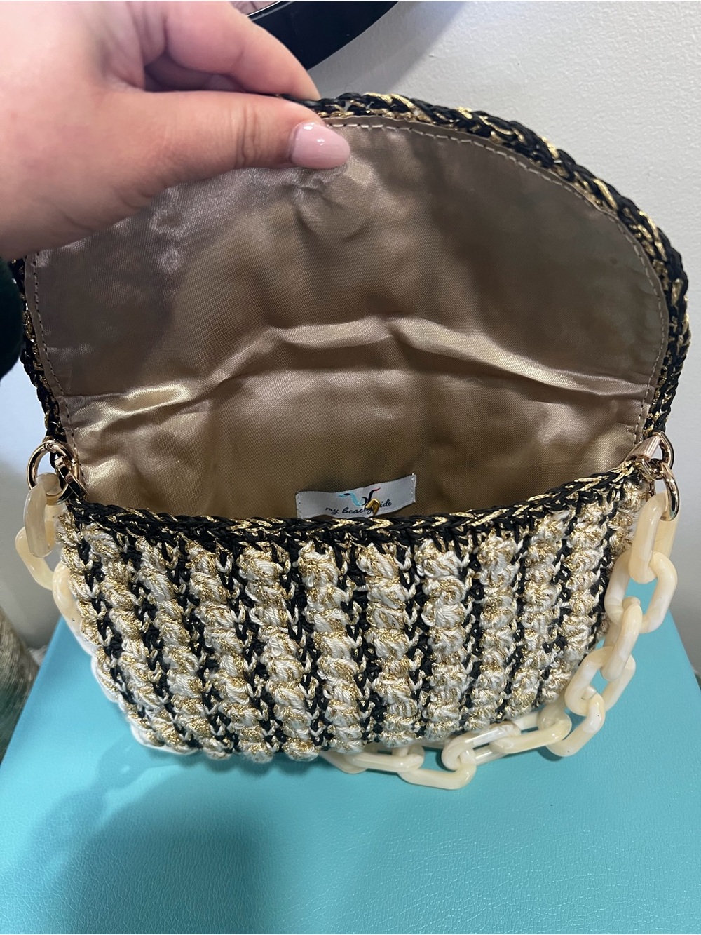 My Beachy Side | Handmade Black Gold Cream Hand-knit Purse - Picture 3 of 16